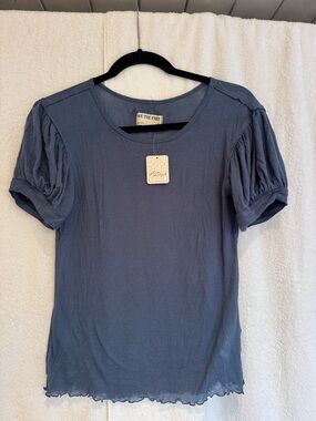 We The Free Slate Blue Puff Sleeve Ribbed Tee